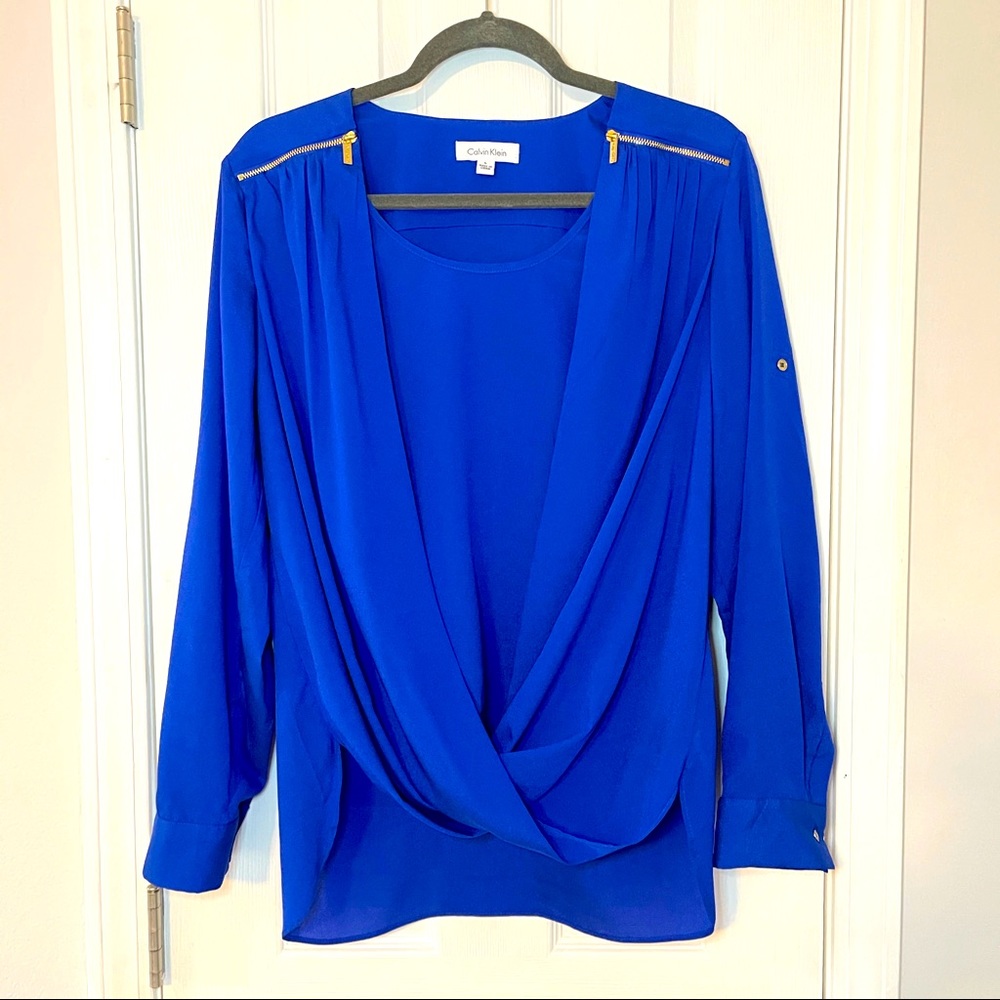 CALVIN KLEIN cobalt blue long sleeve draped blouse